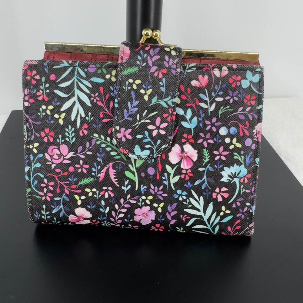 Vintage Buxton Floral Bifold Wallet Kiss Lock Coin Pouch Burgundy Interior Black